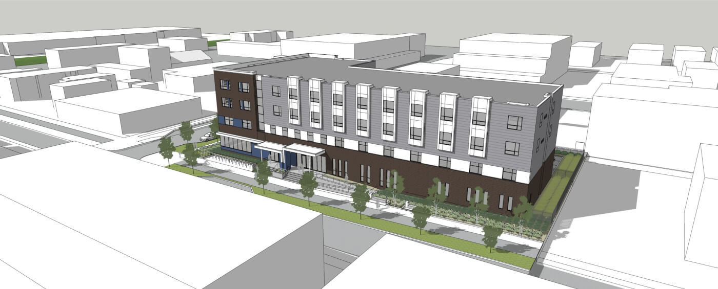 Exterior rendering of Simpson Community Shelter and Apartments Aerial view