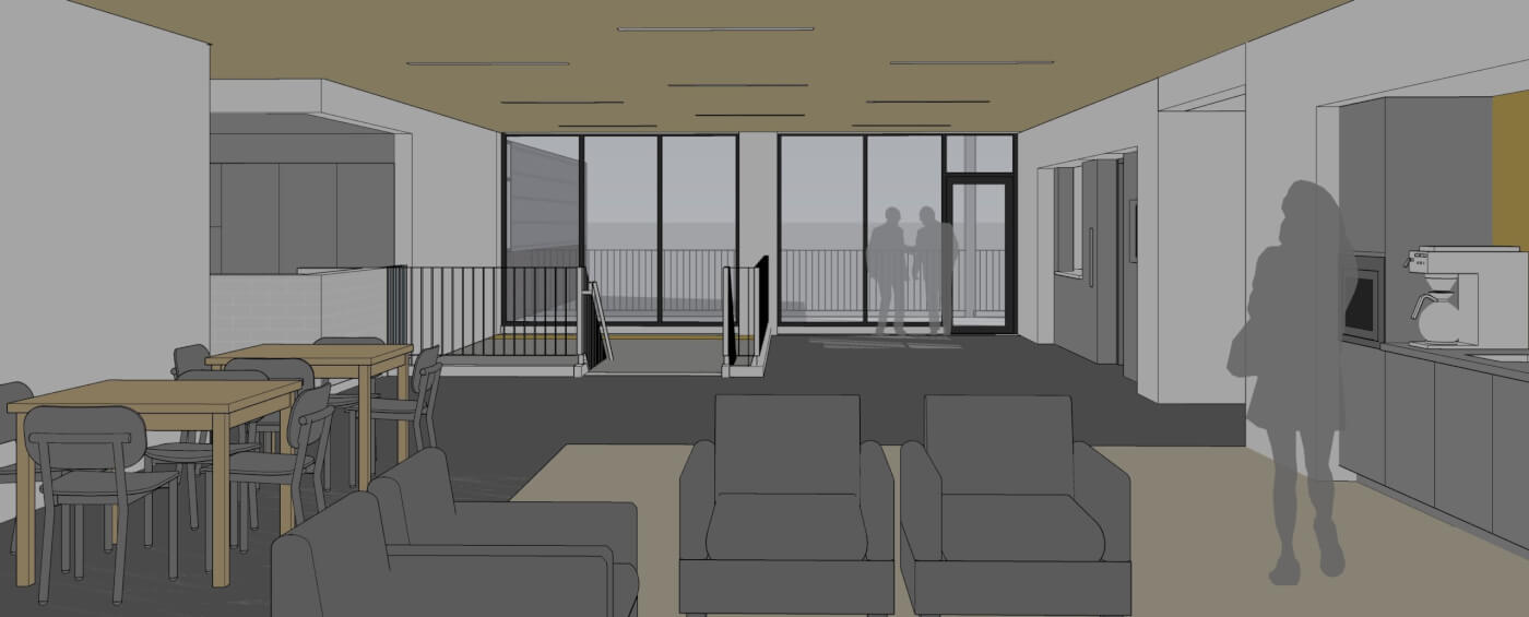 Rendering of balcony access from inside Simpson Community Shelter and Apartments