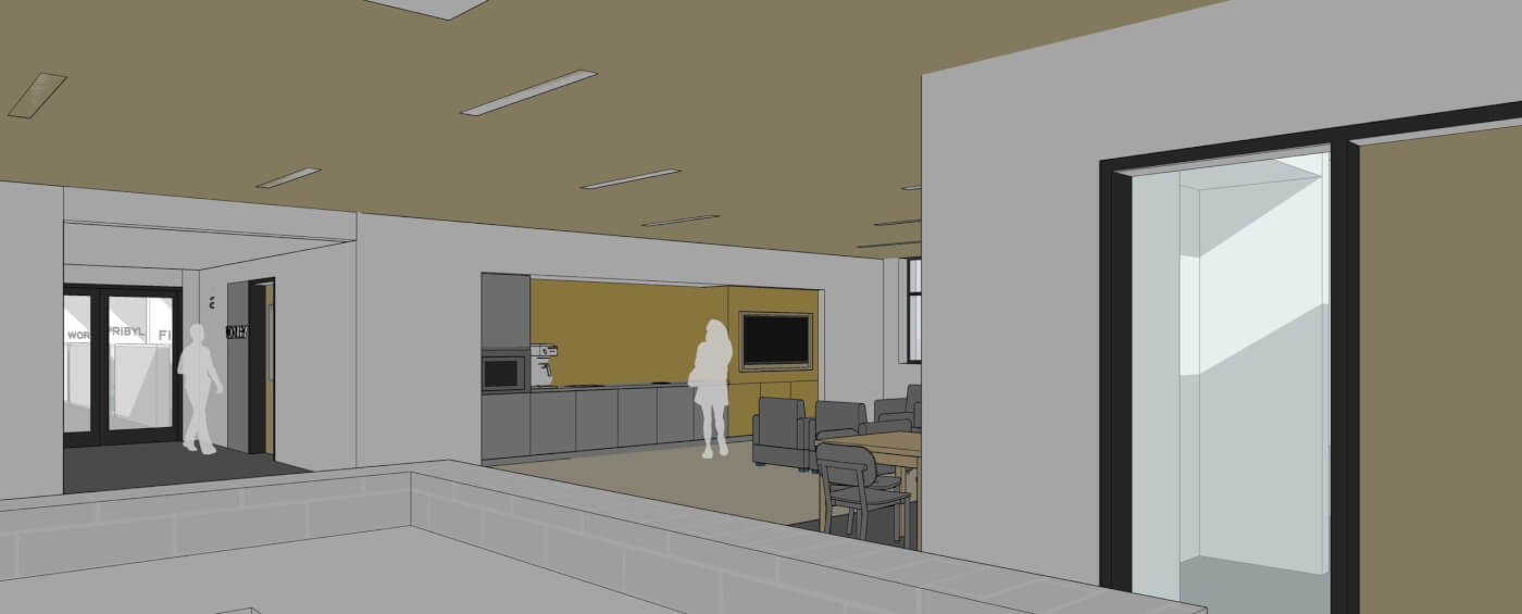 Rendering of community space with seating and television