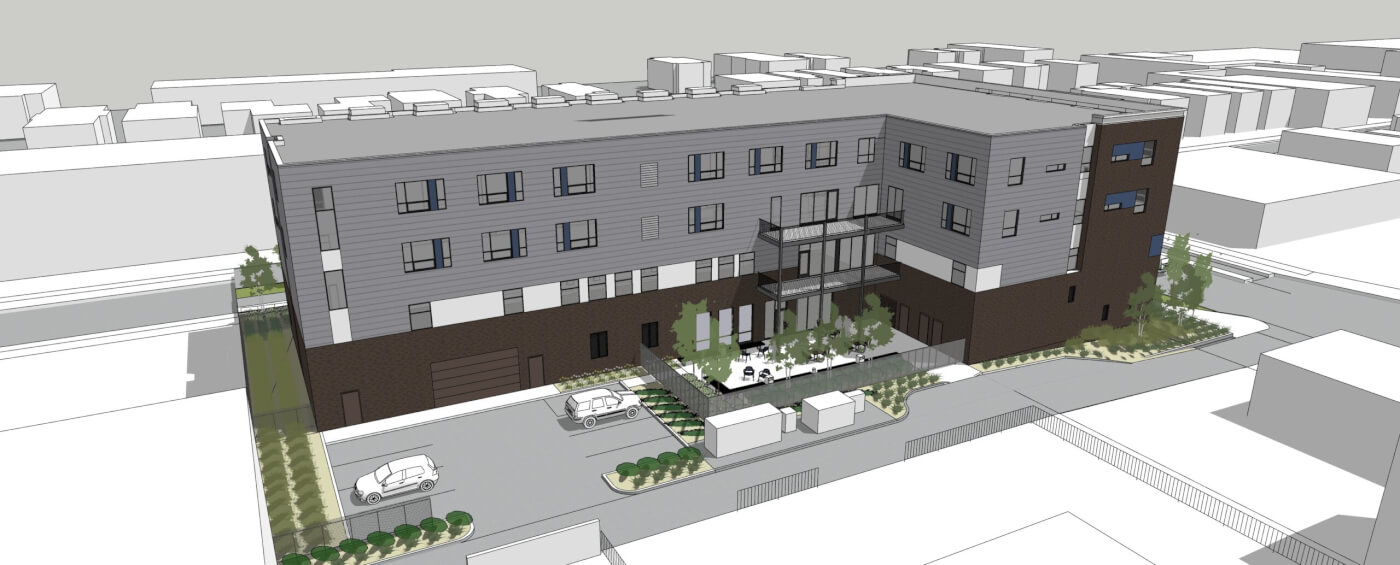 Rendering of outdoor green space and parking lot