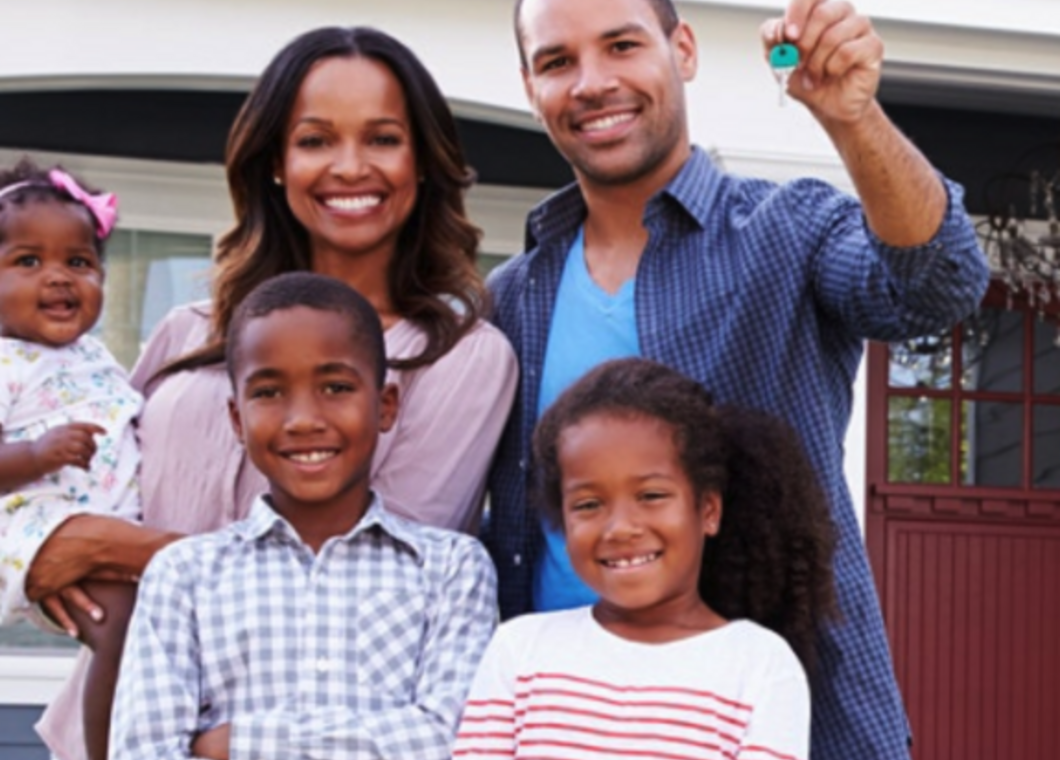 A smiling family standing in front of a home with the man holding up a pair of keys. 