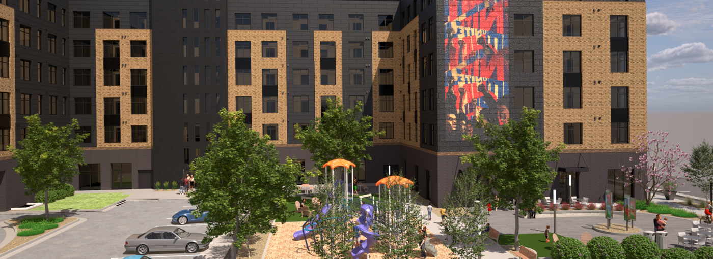 exterior of 6 story, 110 unit affordable housing property