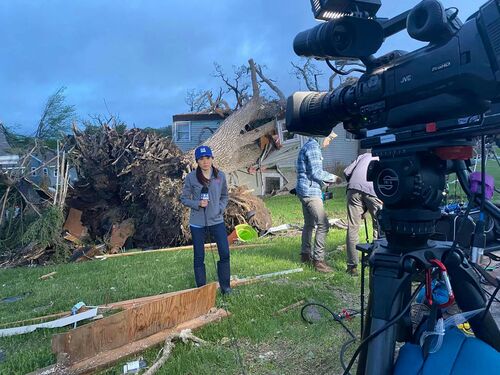 Former WCCO-TV reporter and anchor Pauleen Le reported from the scene following a tornado in Forada, Minn., on Sept. 2, 2022. 
