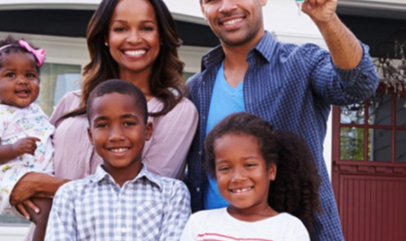 A smiling family standing in front of a home with the man holding up a pair of keys. 
