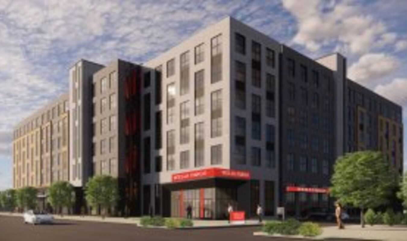 Wide view of Opportunity Crossing building in Minneapolis