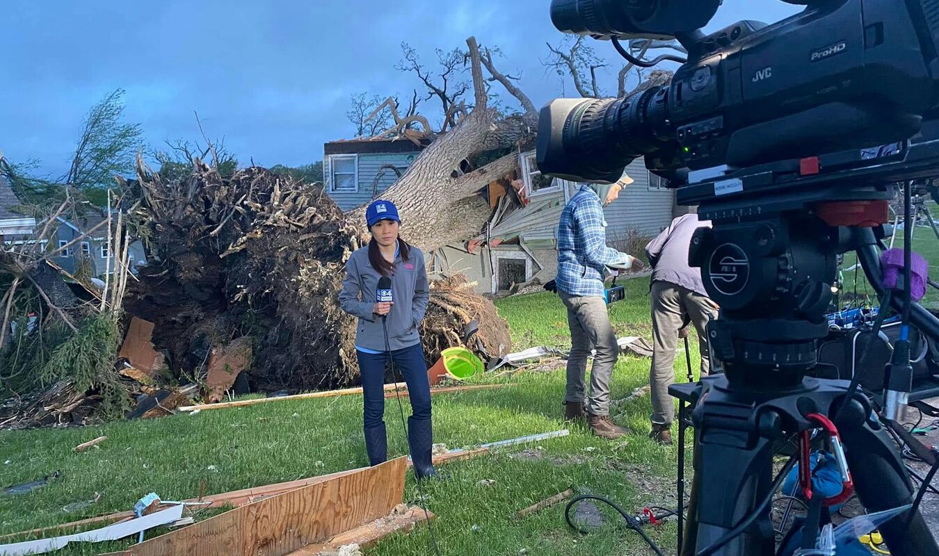 Former WCCO-TV reporter and anchor Pauleen Le reported from the scene following a tornado in Forada, Minn., on Sept. 2, 2022. 