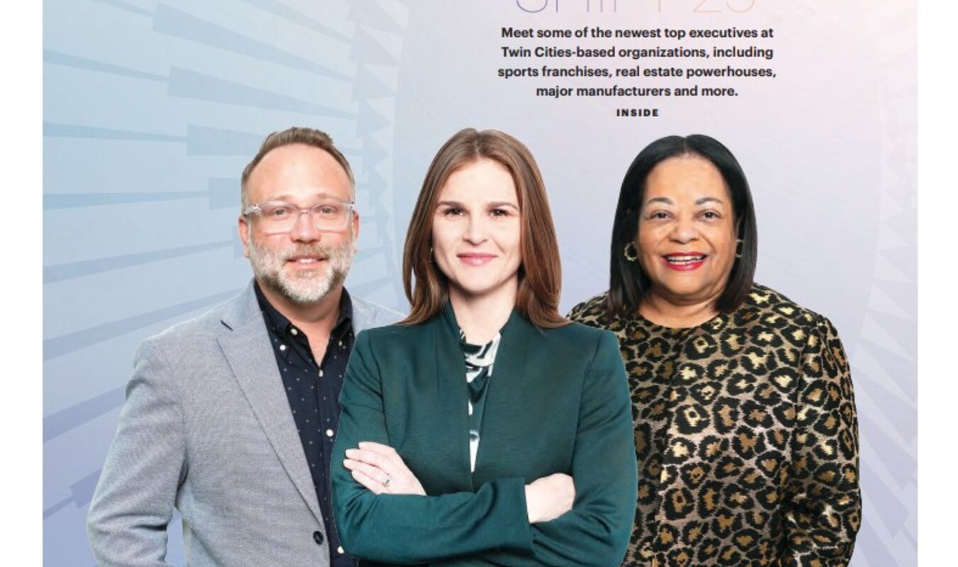 cover page of Minneapolis/St. Paul Business Journal Power Shift article featuring a man and two women standing next to each other and smiling